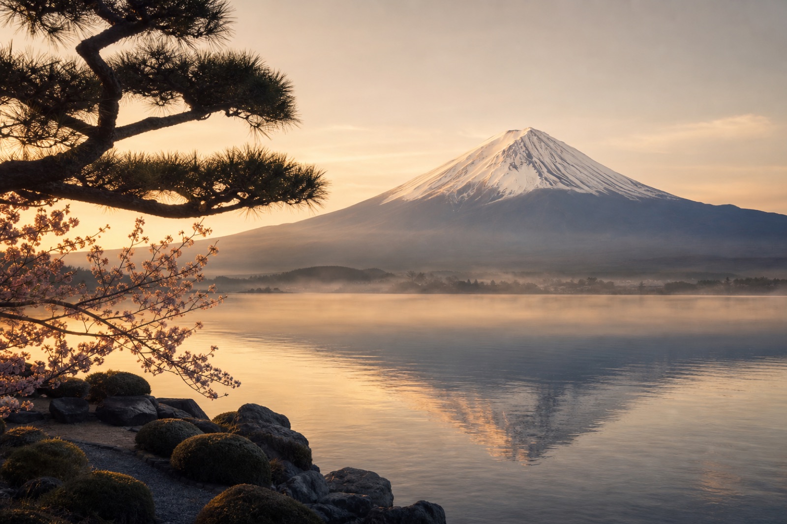 Mount Fuji reflected across a quiet lake at sunrise